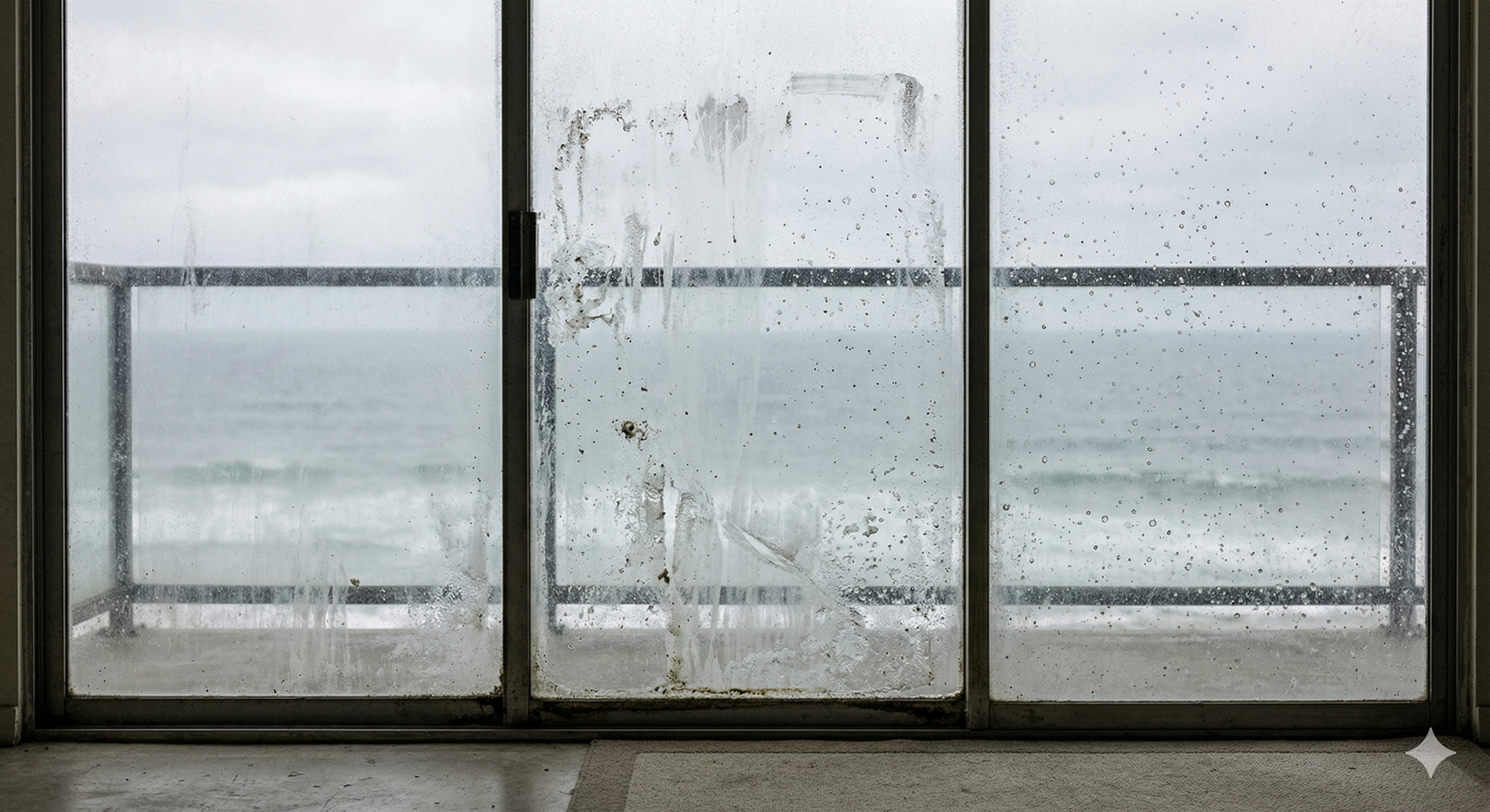Before window cleaning - salt air haze on oceanfront glass in Orange County