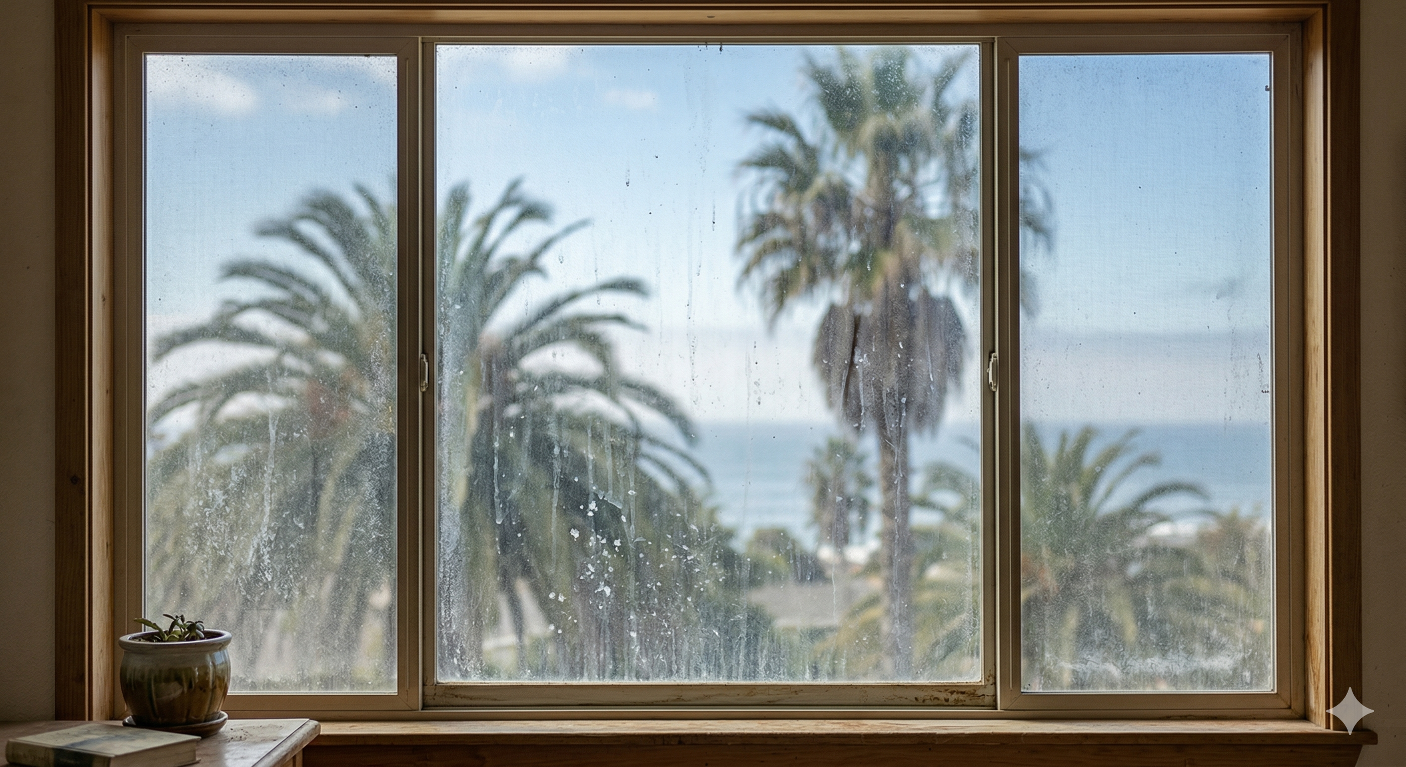 Before window washing - hard water stains and streaks on coastal home glass